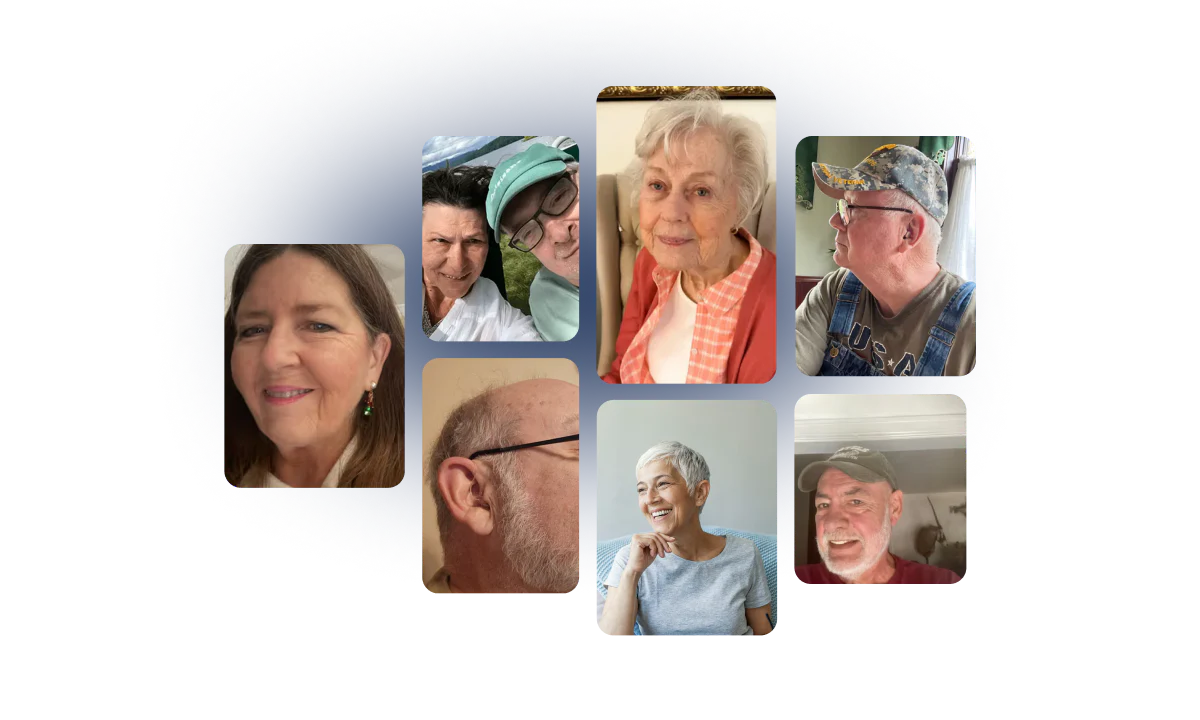 A collage of portraits of seven different adults, mostly older people, on a blue and green background.