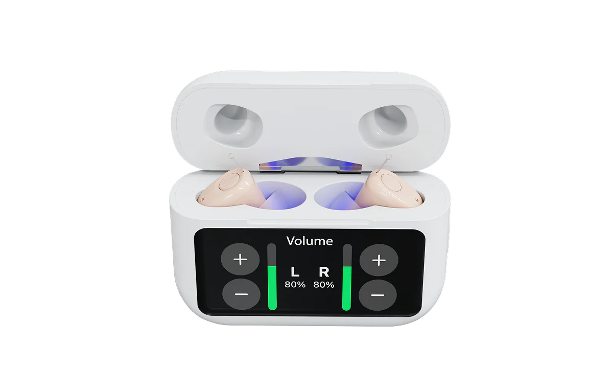 A white charging case with two hearing aids inside, showing volume levels on a digital display.
