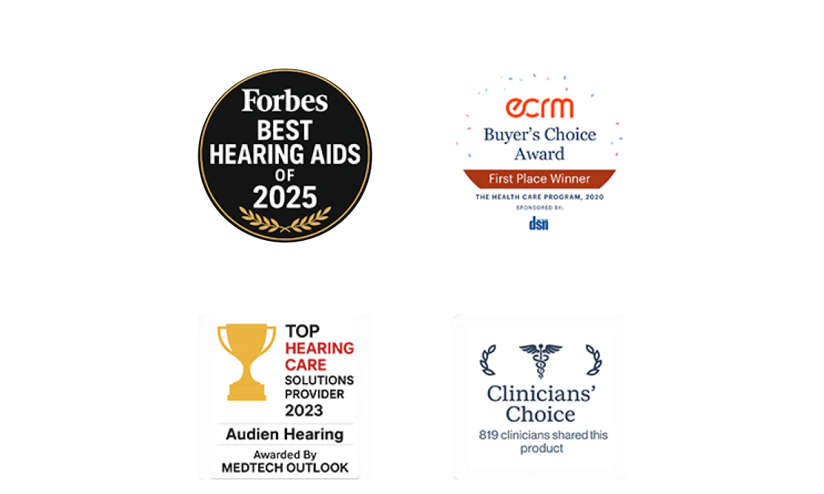 Four award logos for hearing aids, including Forbes, ECRM Buyer's Choice, Top Hearing Care Solutions Provider, and Clinicians' Choice.