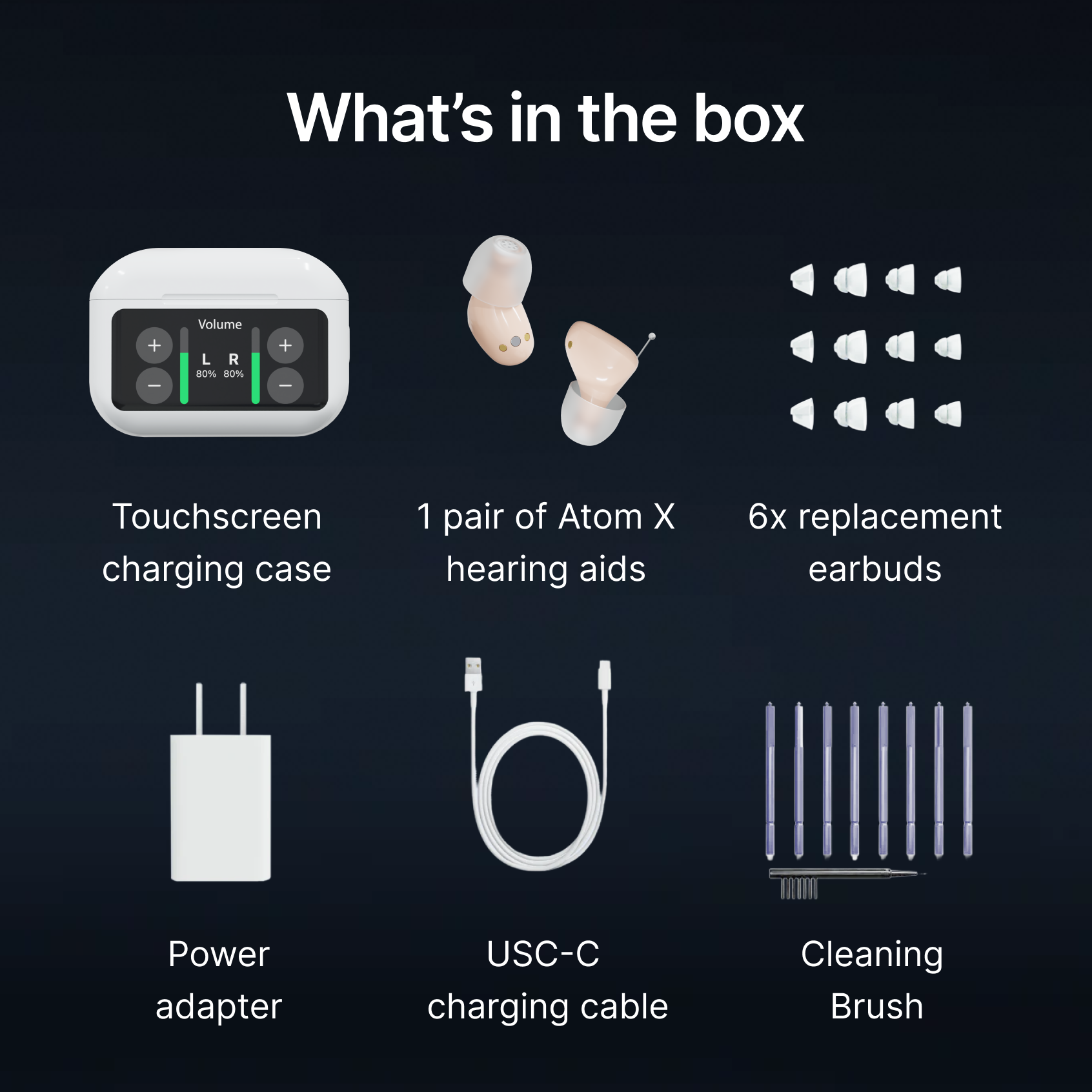 An image showing the contents of a hearing aid box, including the charging case, earbuds, and accessories.