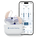 Hearing aids with a smartphone displaying a control app.