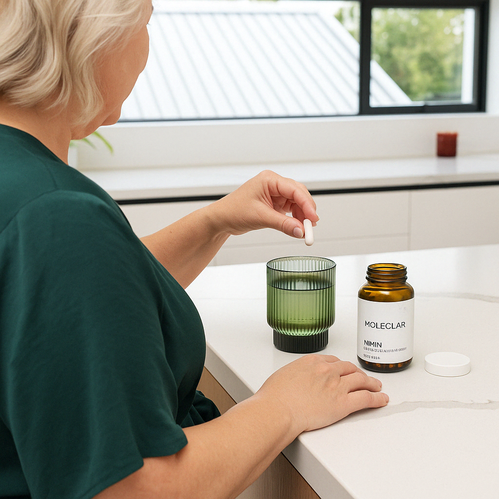 Person holding a capsule near a green glass and a bottle labeled 'MOLECLAR' on a countertop.