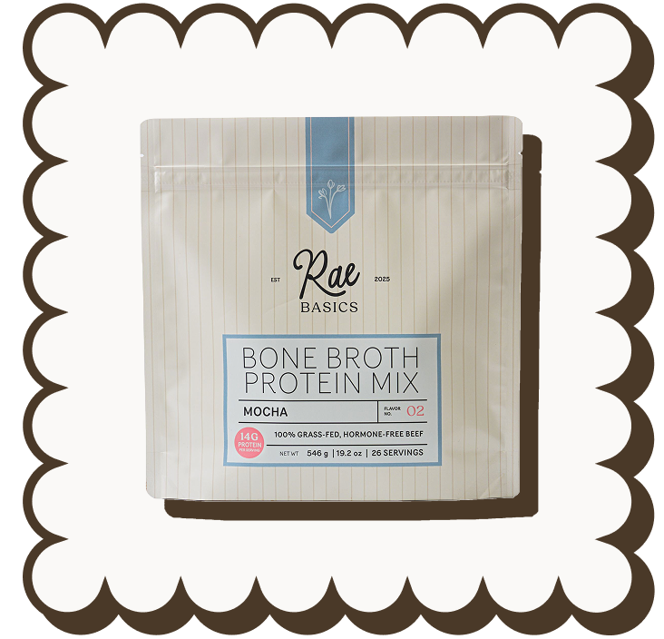 A pouch of Rae Basics Bone Broth Protein Mix in mocha flavor against a decorative background.