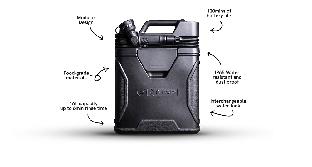 Black portable container with a hose and nozzle attached on top.