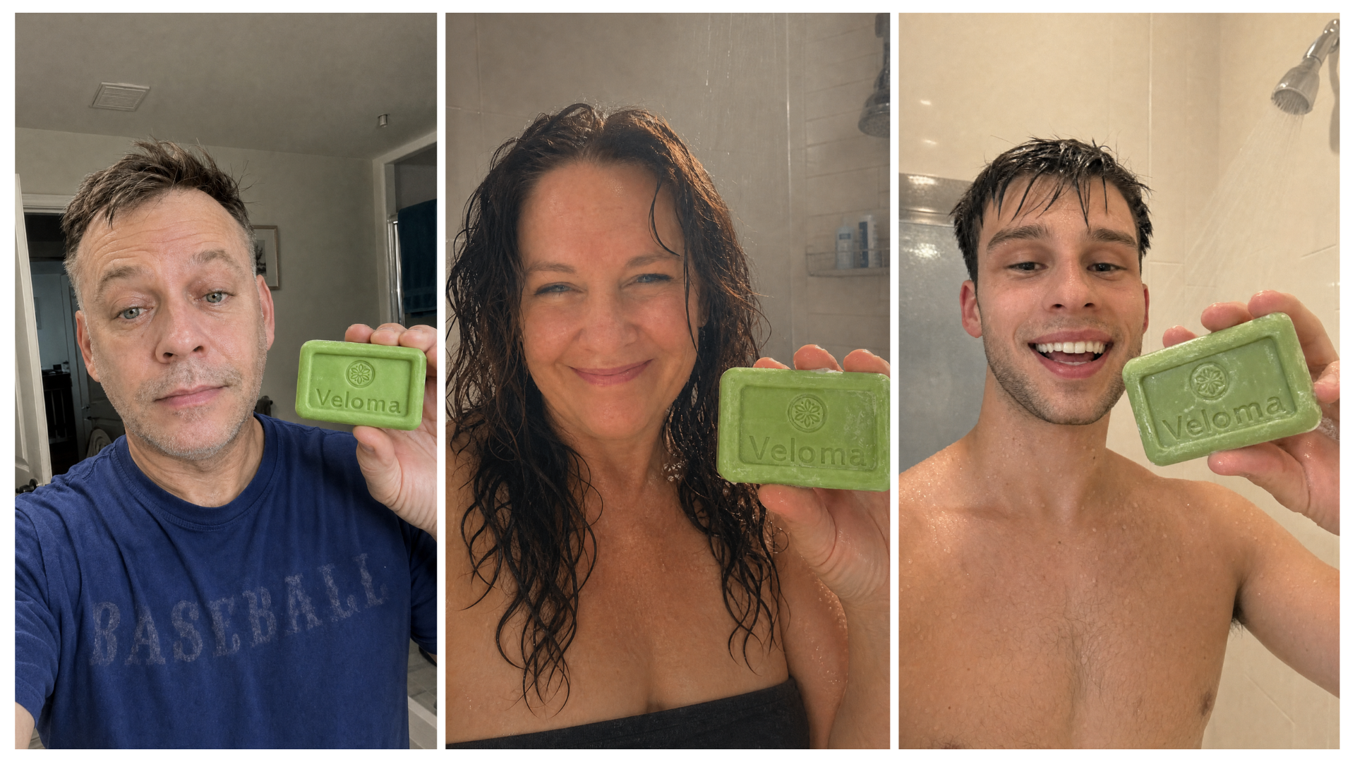 A collage of three people in their bathrooms, each holding a green bar of Veloma soap.