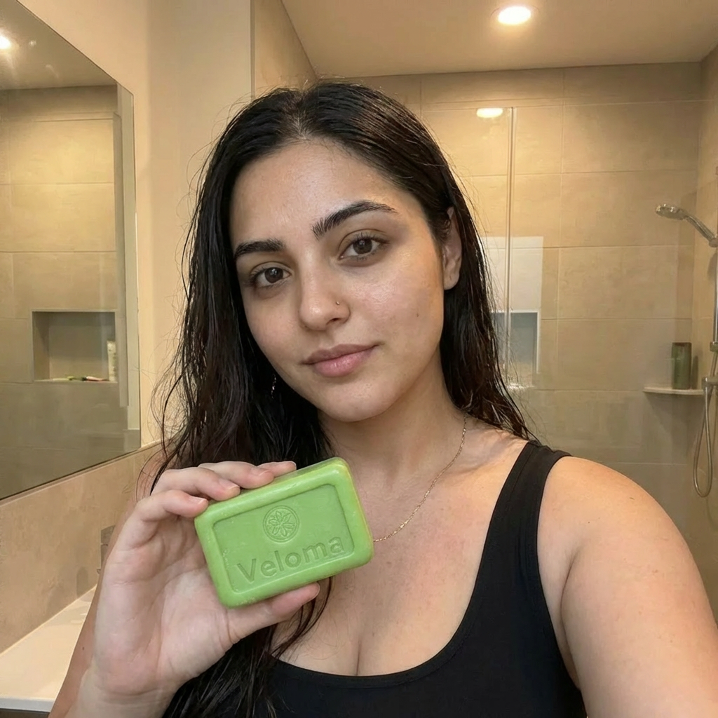 A woman with dark hair holds up a green bar of Veloma soap in a bathroom.