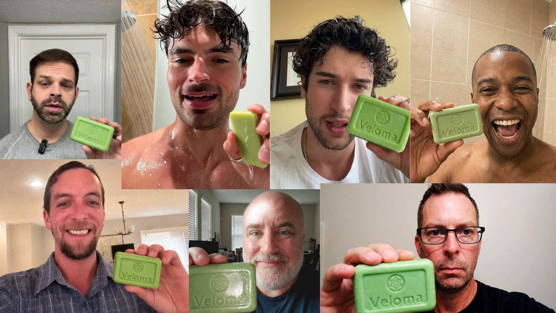 A photo collage showing seven different men holding up a green bar of soap branded with 'Veloma'.