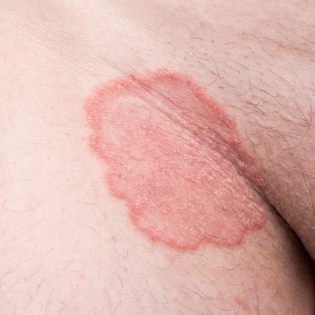 A close-up of a red, scaly, ring-shaped rash on human skin in a fold of the body.