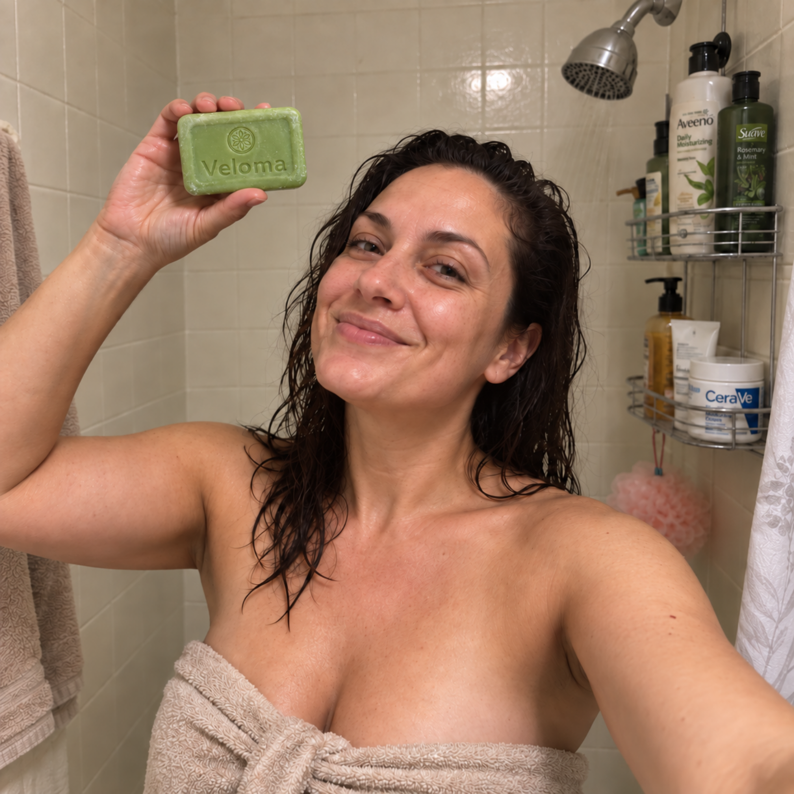 A smiling woman in a towel holds up a green bar of soap in a shower.