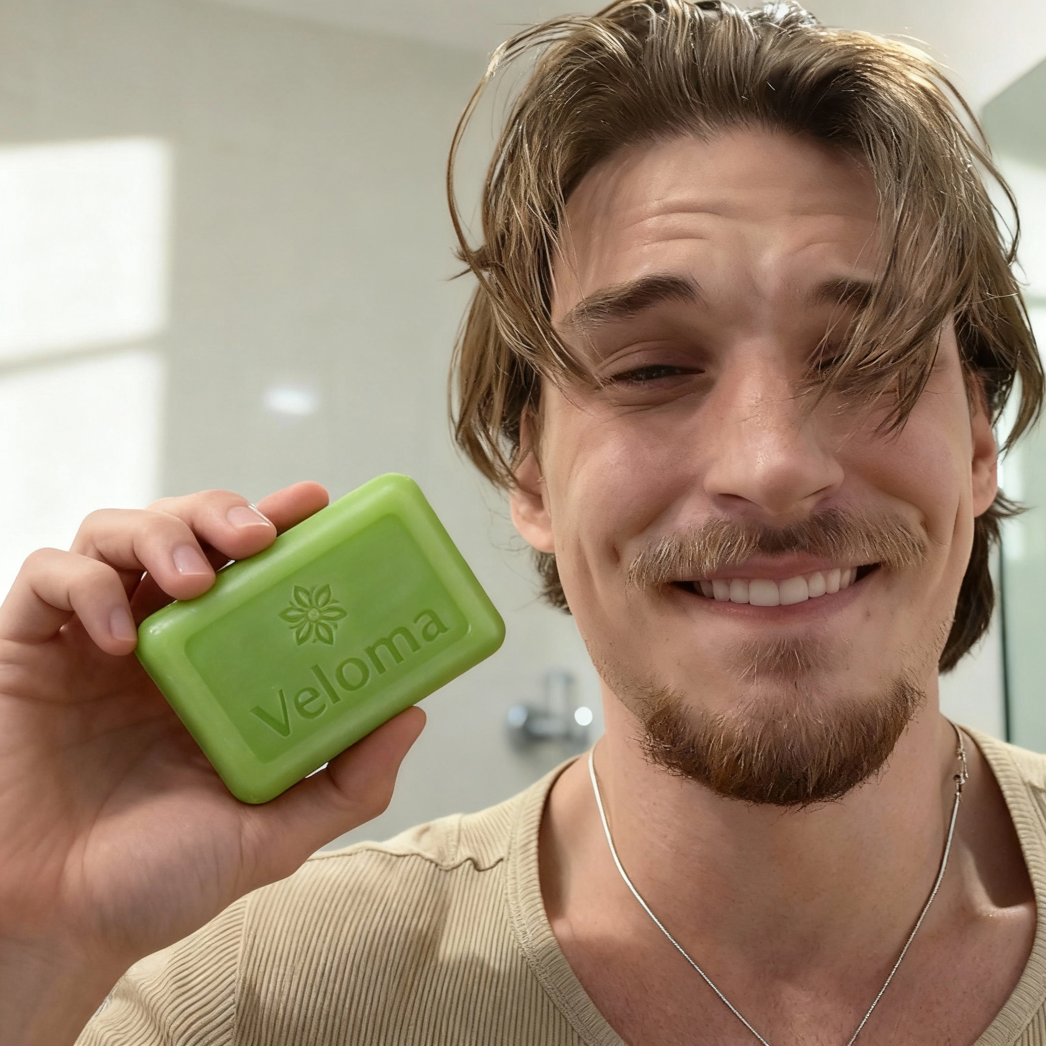 Person smiling, holding a green soap bar labeled 'Veloma' in a bathroom.