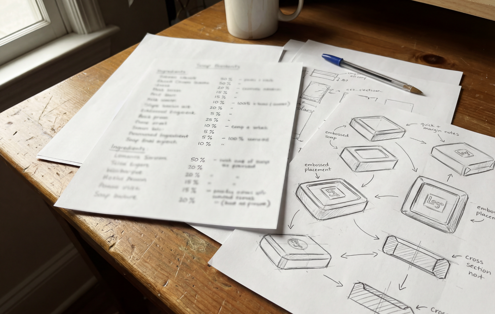 Hand-drawn sketches of soap bar designs and a recipe sheet on a wooden desk.