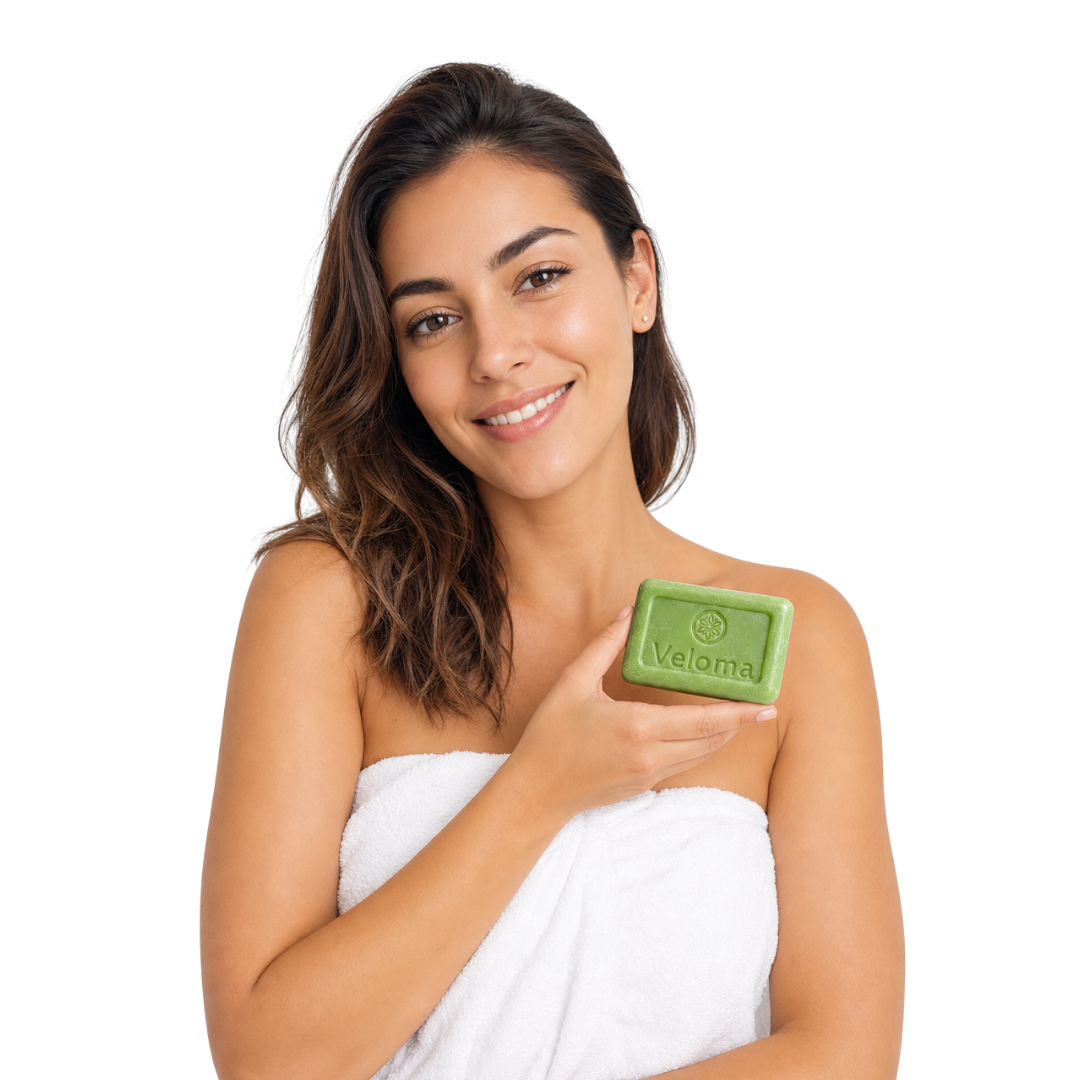 Woman holding Veloma soap