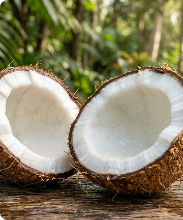 A coconut split in half rests on a wooden surface, with a lush, green forest in the background.