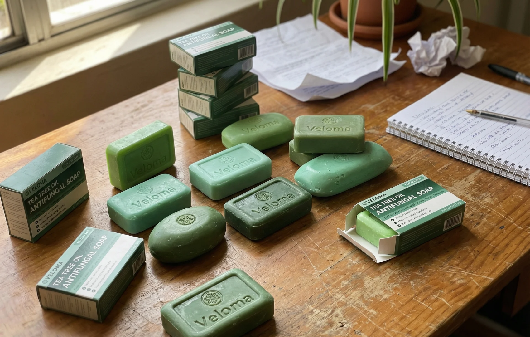 Bars and boxes of Veloma Tea Tree Oil Antifungal Soap are displayed on a wooden table.