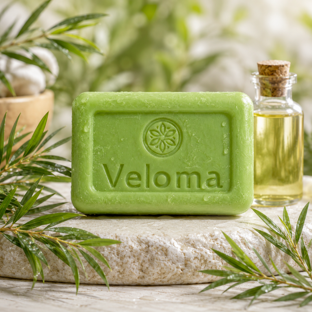 A green bar of Veloma soap sits on a stone, surrounded by green leaves and a bottle of oil.