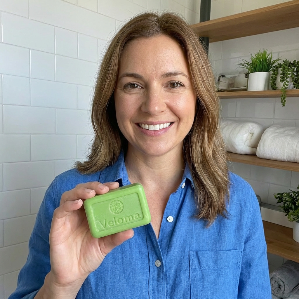 A smiling woman in a blue shirt holds a green bar of soap in a bathroom.