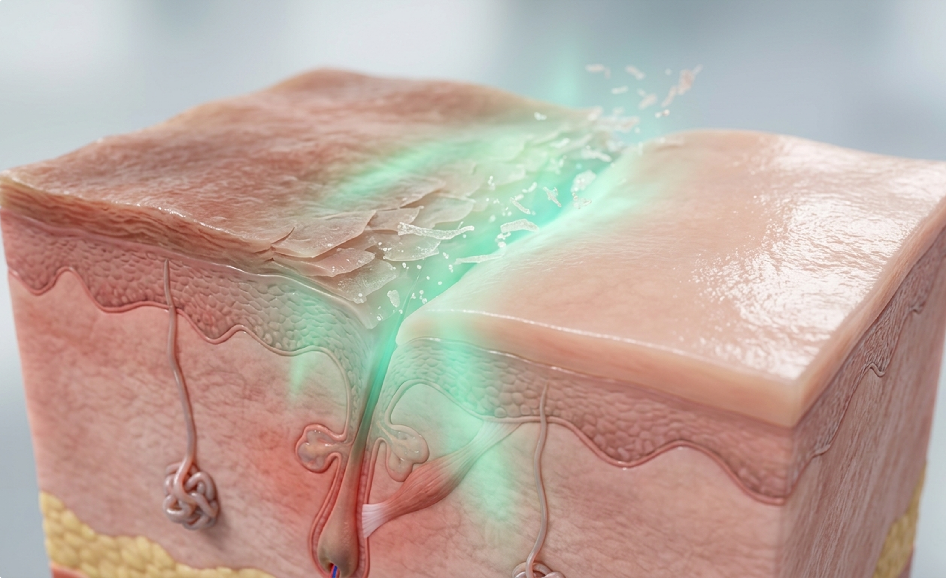 A 3D illustration of a skin cross-section, showing a treatment transforming dry, flaky skin into smooth skin.