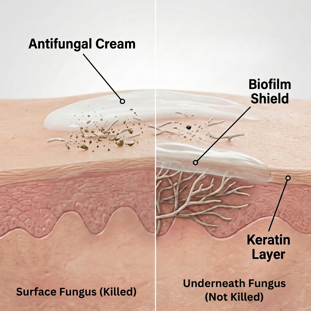 A diagram comparing how antifungal cream affects surface fungus versus fungus protected by a biofilm shield under the skin.