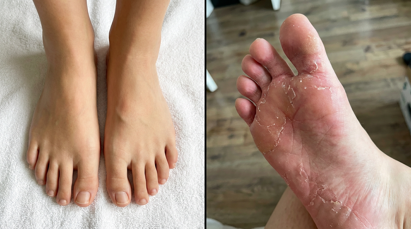 A split image showing smooth feet on the left and a foot with peeling skin on the right.