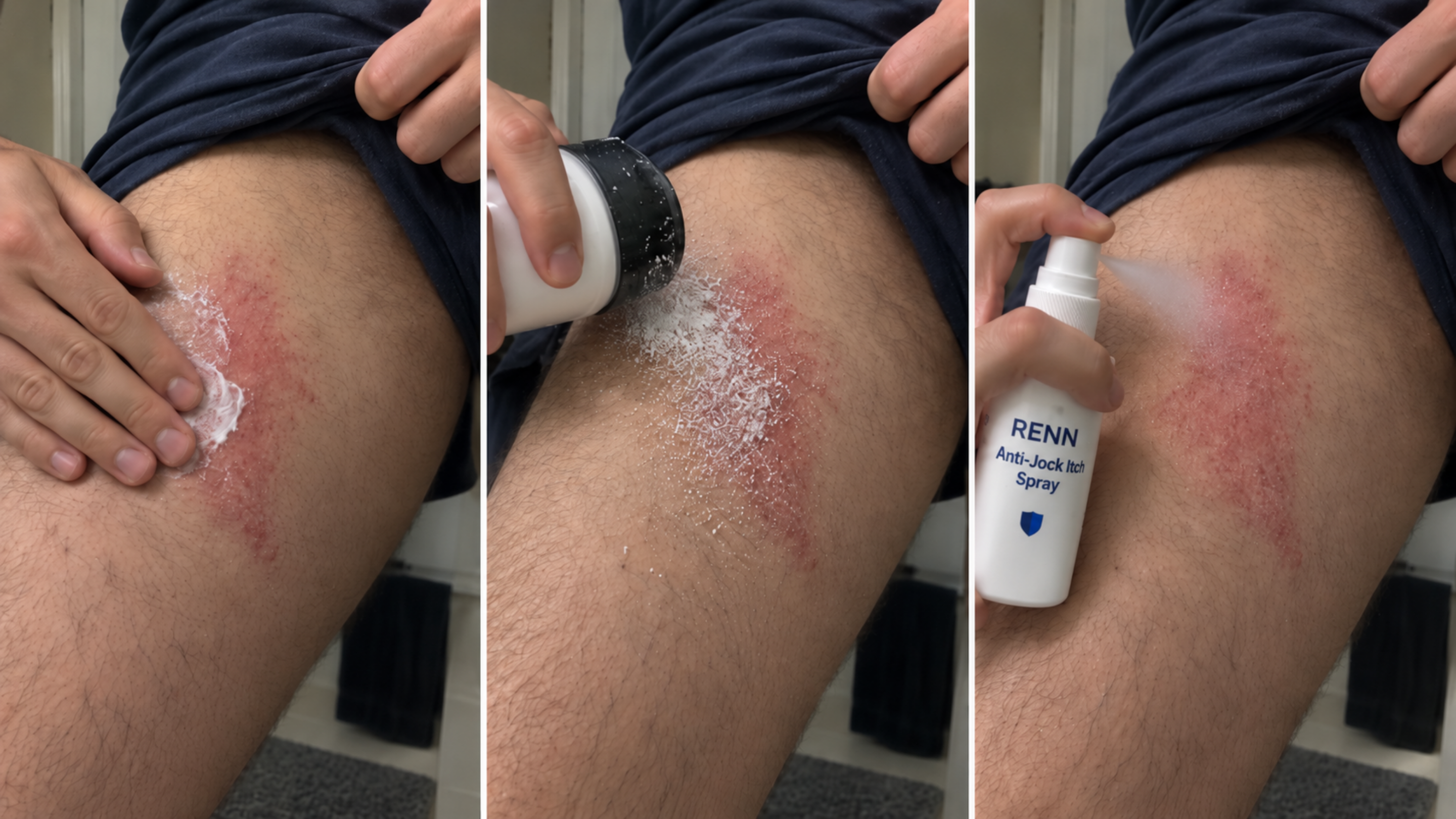 A three-panel image showing a person applying cream, powder, and spray to a rash on their thigh.