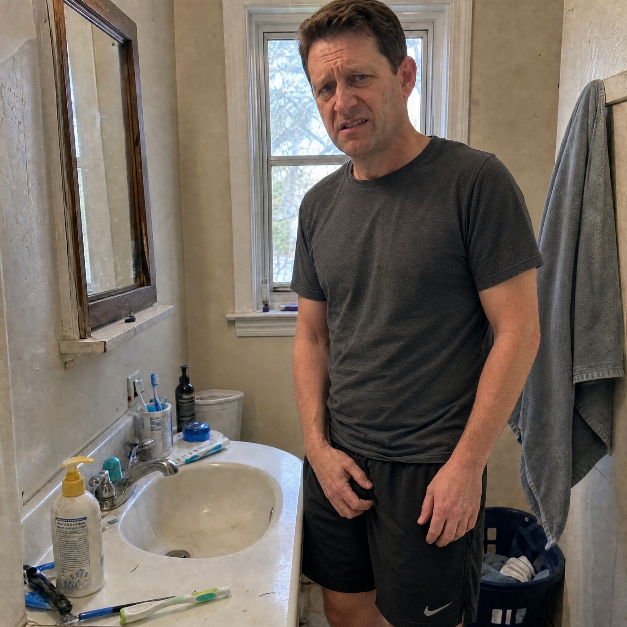 A man with a pained expression stands in a grimy bathroom in front of a sink.