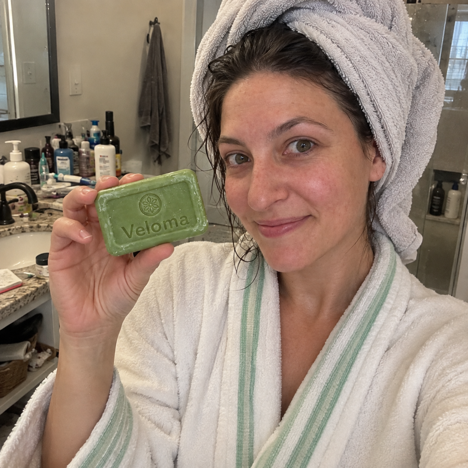 A woman in a bathrobe with a towel on her head holds up a green bar of soap.