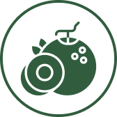 A green circular icon showing a stylized coconut next to a sliced fruit with leaves.