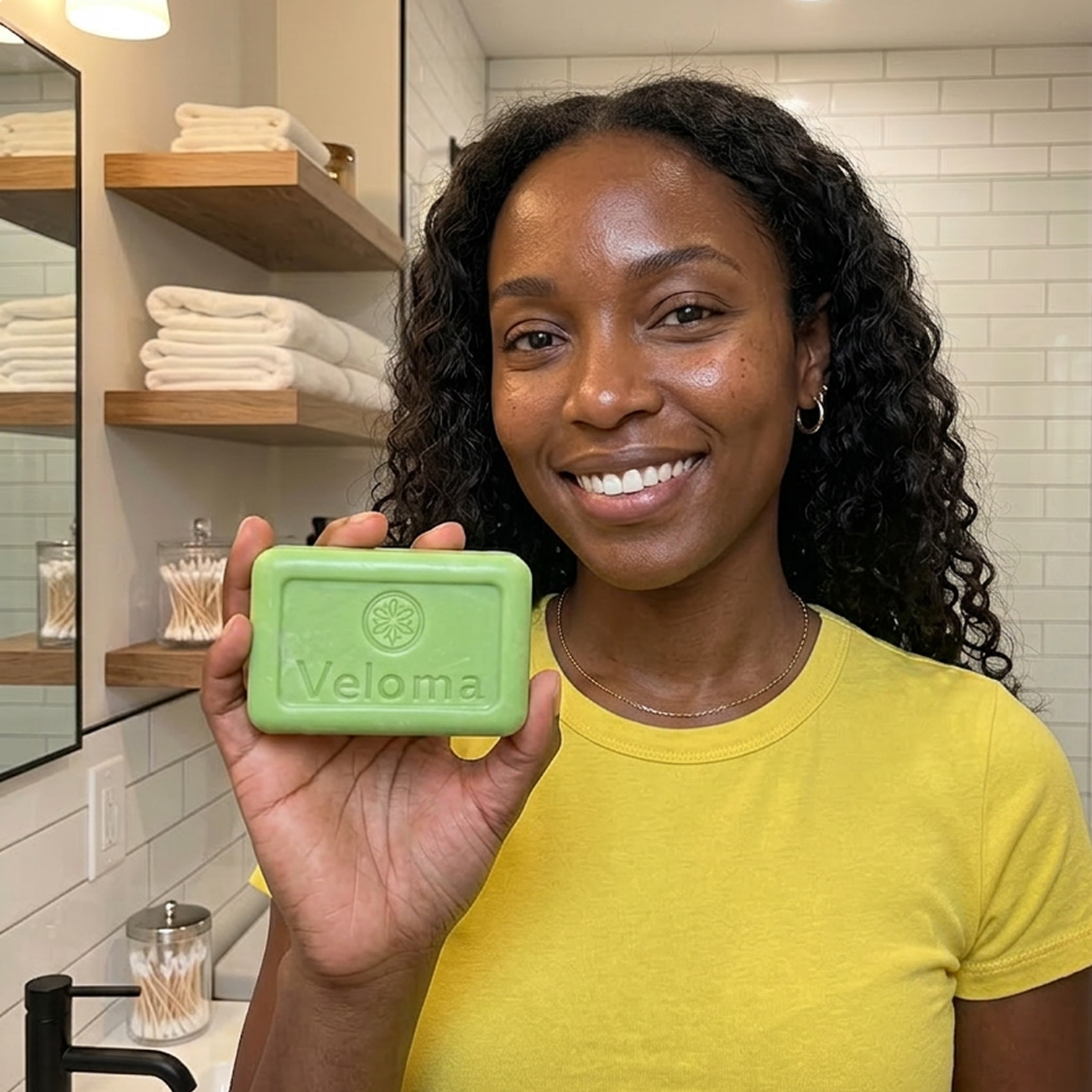 A smiling woman in a yellow shirt holds a green bar of Veloma soap in a bathroom.