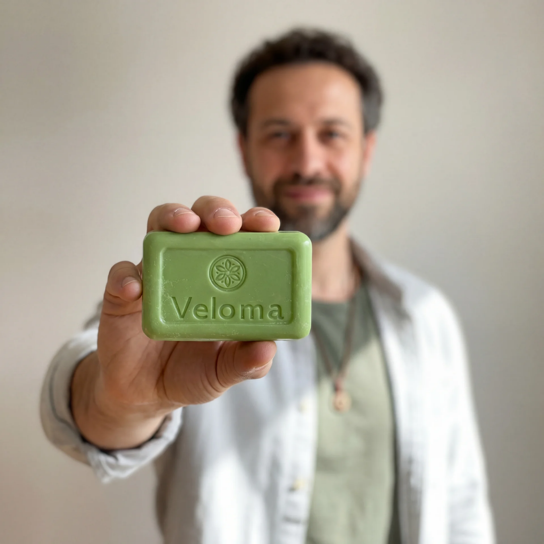 A man holds a green bar of Veloma brand soap towards the camera, with his face blurred behind it.