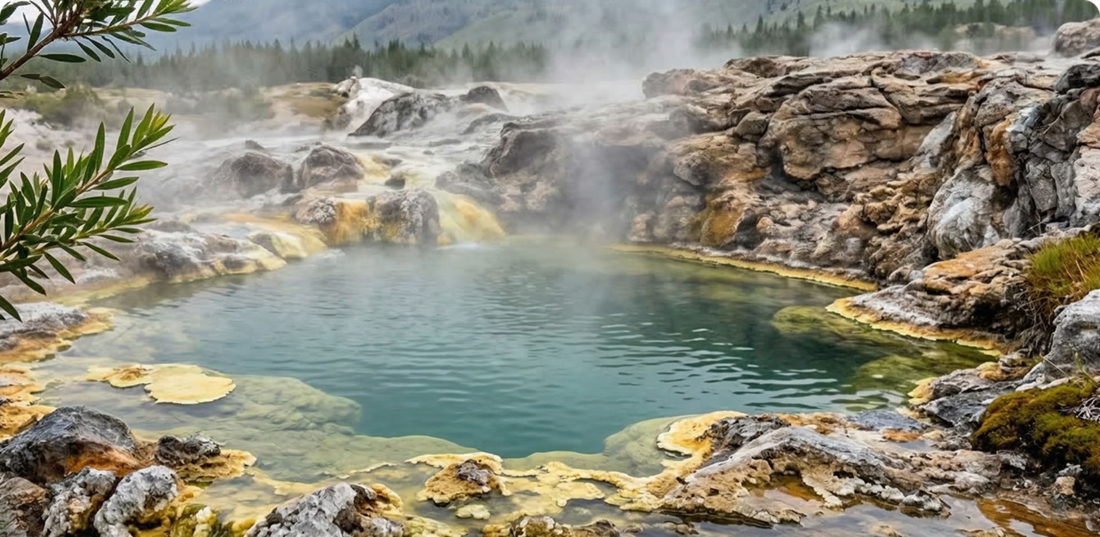 A steaming, natural hot spring with turquoise water, surrounded by rocky terrain and a distant forest.