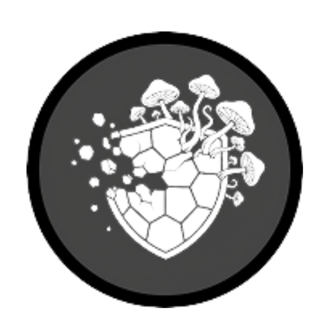 A black and grey pixelated icon of a crumbling shield with mushrooms growing out of it.