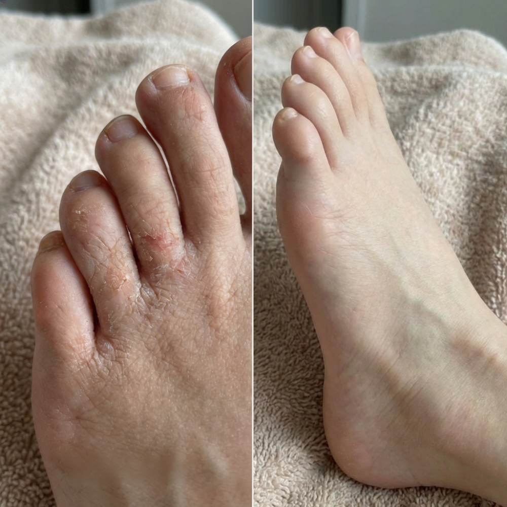 A before-and-after image showing a foot with dry, peeling skin on the left and smooth skin on the right.