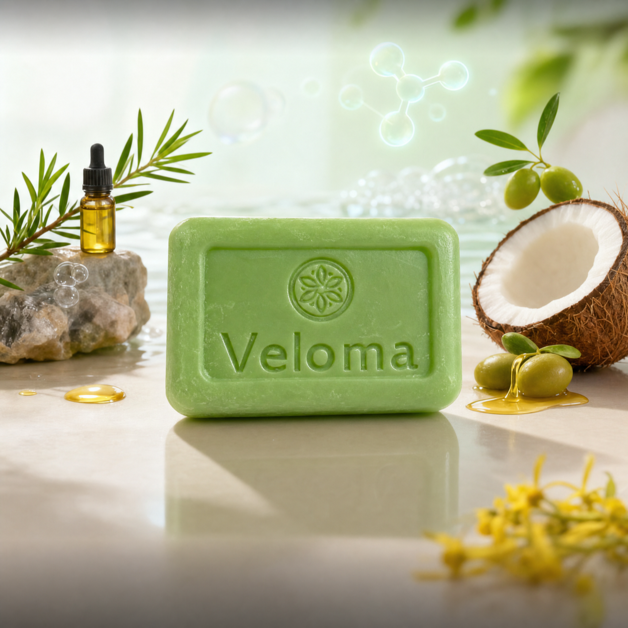 A green bar of Veloma soap is surrounded by its ingredients: coconut, olives, and essential oils.