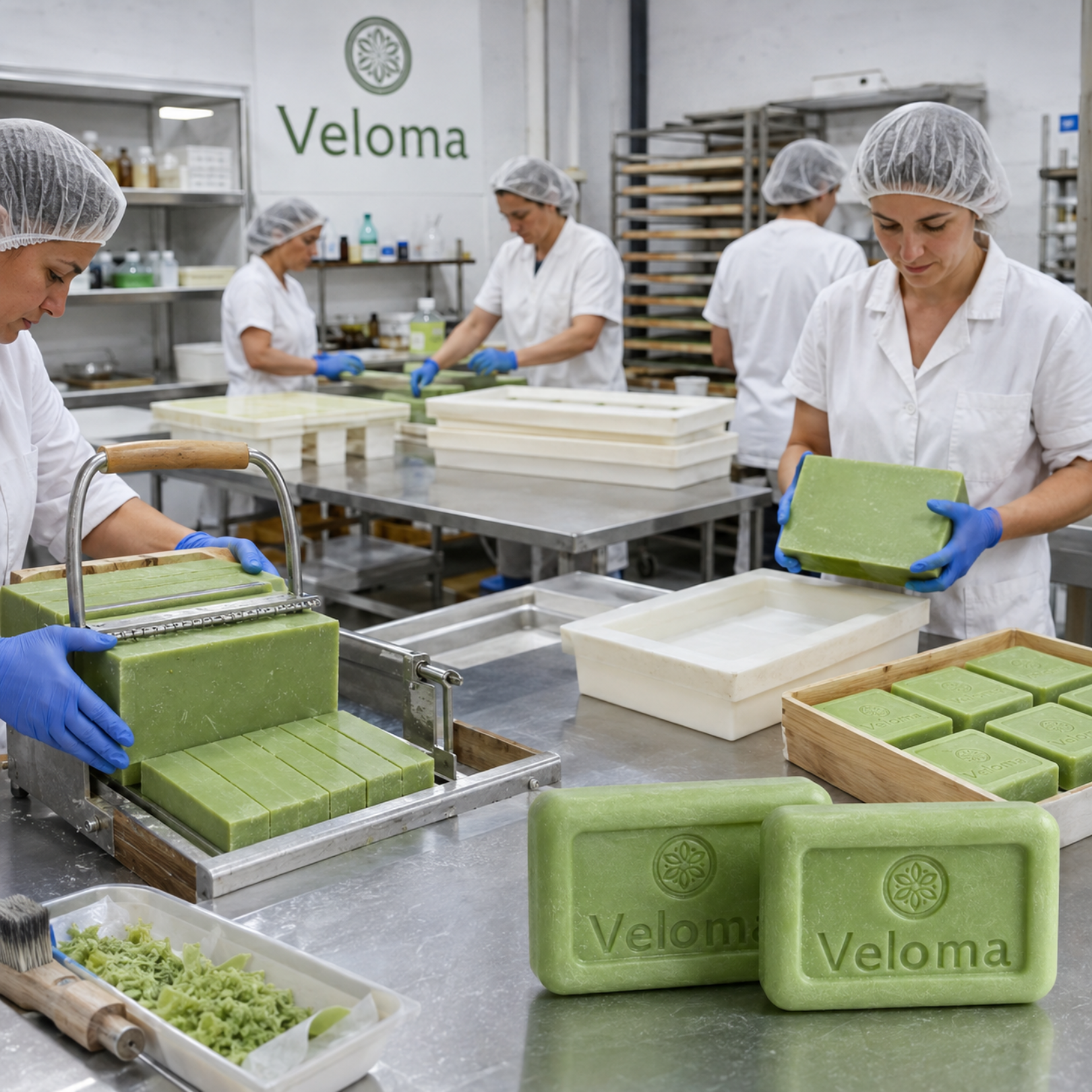 Workers in a factory cut large blocks of green soap into smaller bars with a wire press.