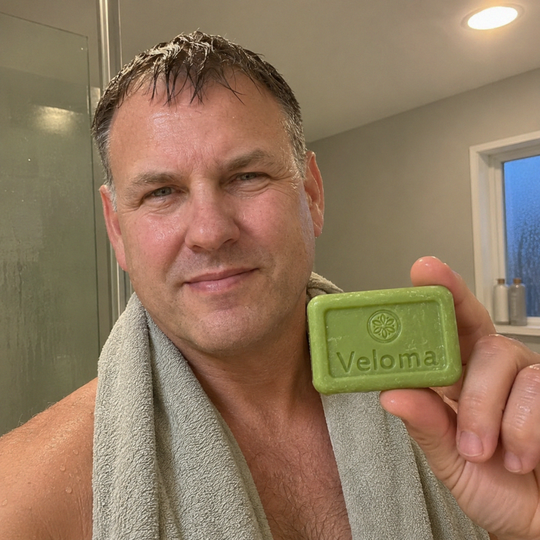 Man with wet hair and a towel around his neck holds up a bar of soap