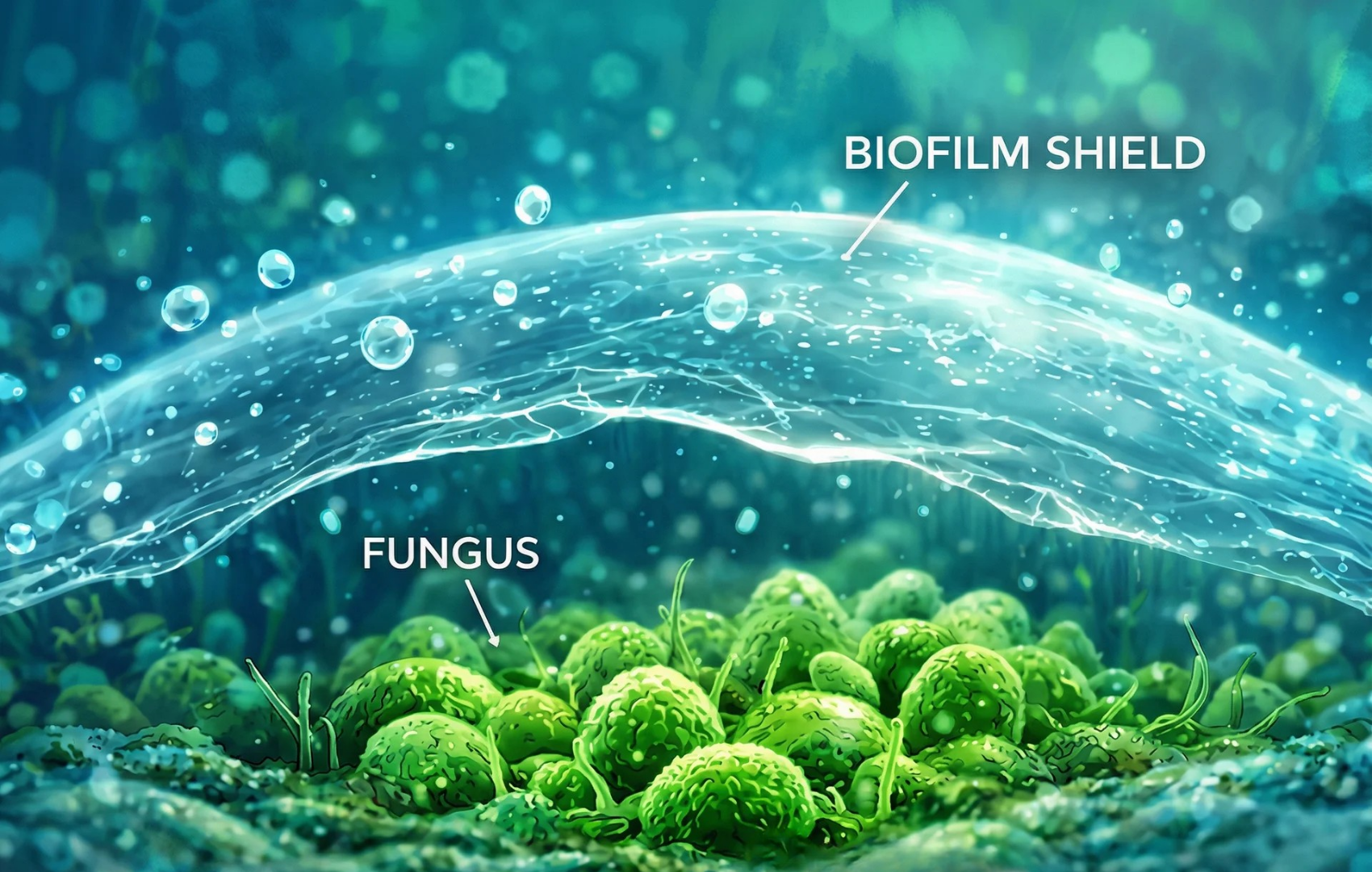 An illustration of green fungus being protected by a transparent layer labeled 'Biofilm Shield'.