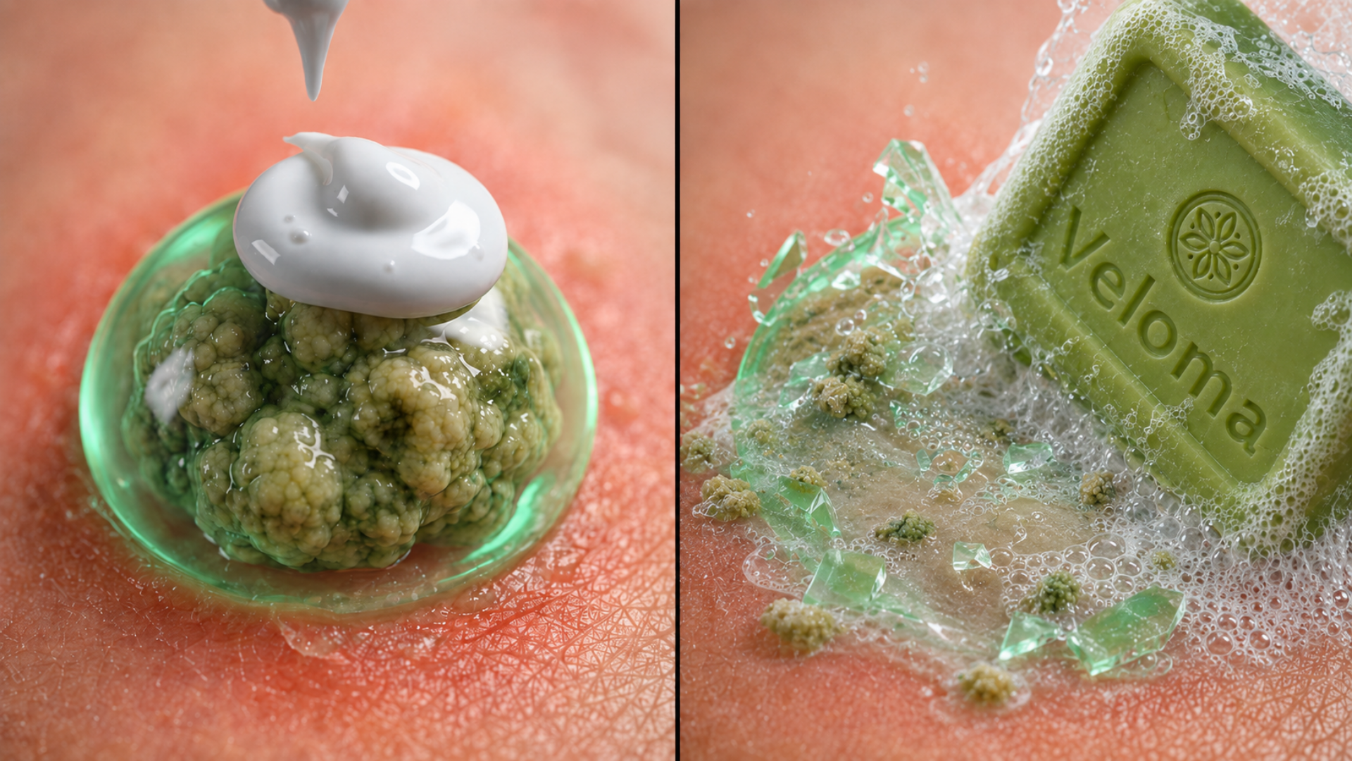 Split image showing cream on a cauliflower-like object, and a bar of soap washing it away