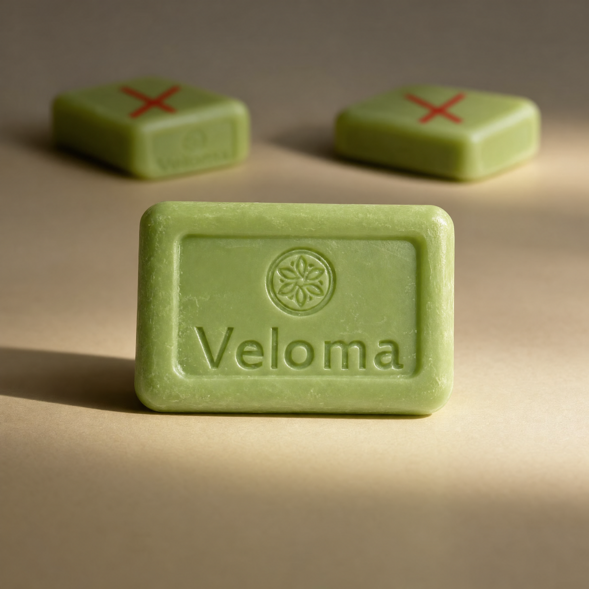 A green bar of Veloma soap in focus, with two similar bars blurred in the background.