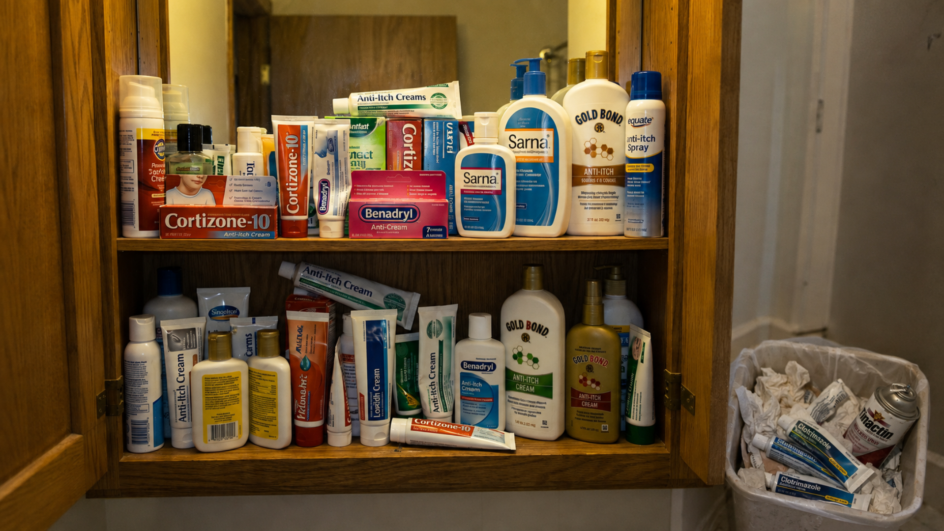 An open wooden medicine cabinet overstuffed with a wide variety of anti-itch creams and lotions.