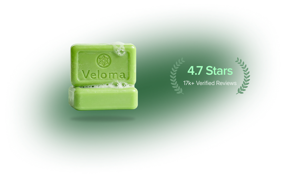 Two bars of green Veloma soap with suds, next to a 4.7-star rating from 17k+ verified reviews.