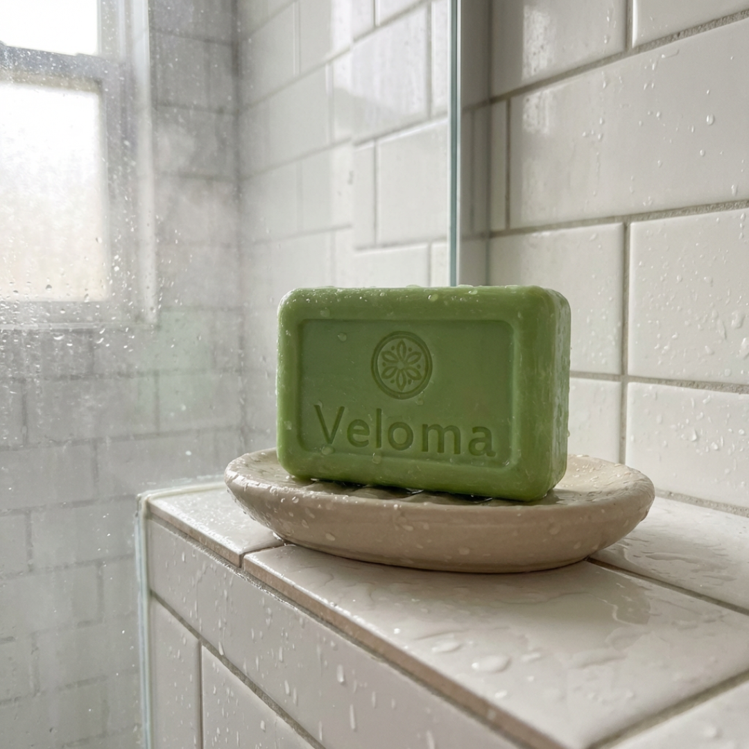 A green bar of Veloma soap sits in a soap dish on a wet tiled surface in a shower.