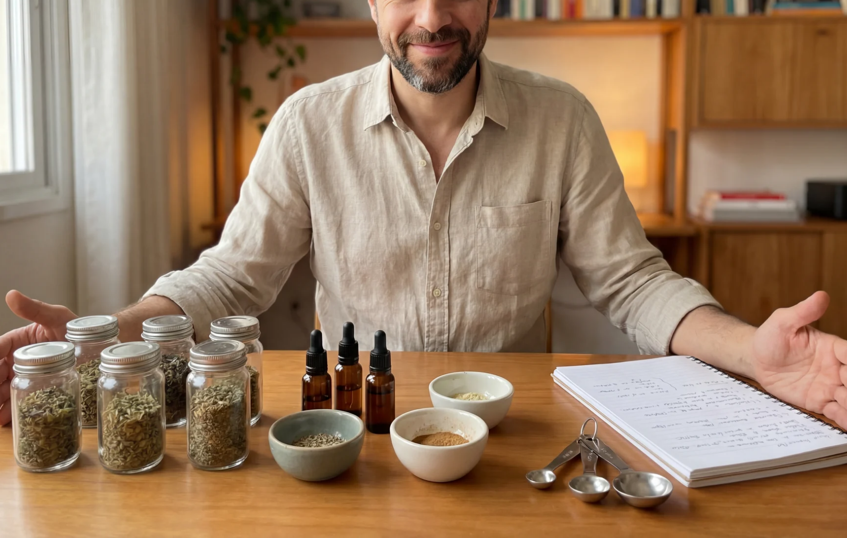 A man sits at a table with jars of dried herbs, bowls of powders, and dropper bottles.