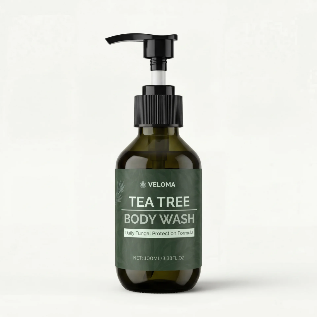 A pump bottle of Veloma Tea Tree Body Wash against a plain white background.