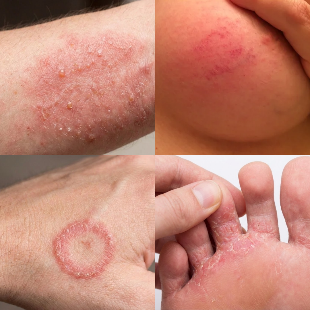 A collage of four close-up photos showing different skin rashes, including blisters, ringworm, and peeling skin on feet.