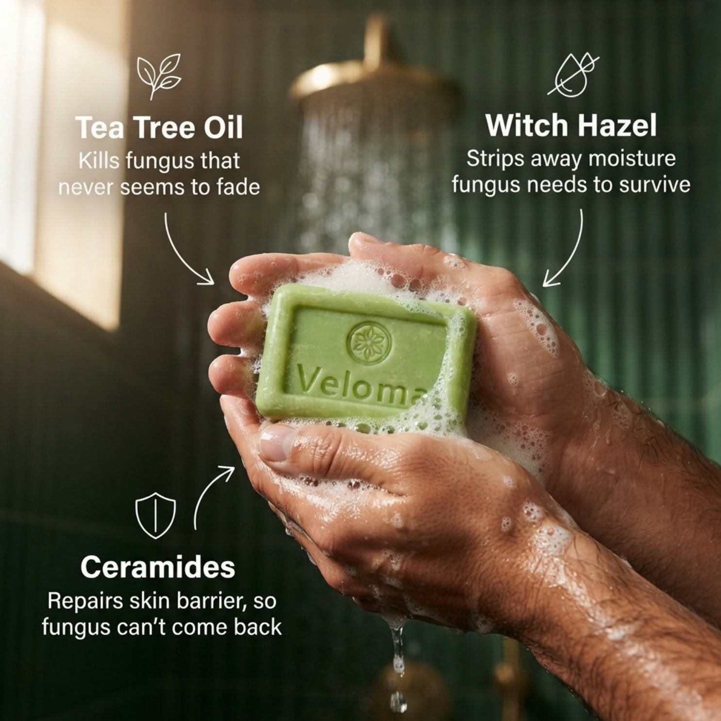 A person lathers a green bar of Veloma soap in their hands, with text highlighting its ingredients.
