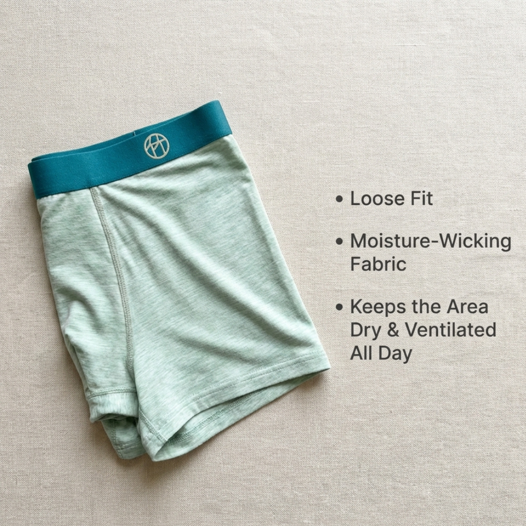 A pair of light green boxer briefs with a teal waistband next to a list of features.