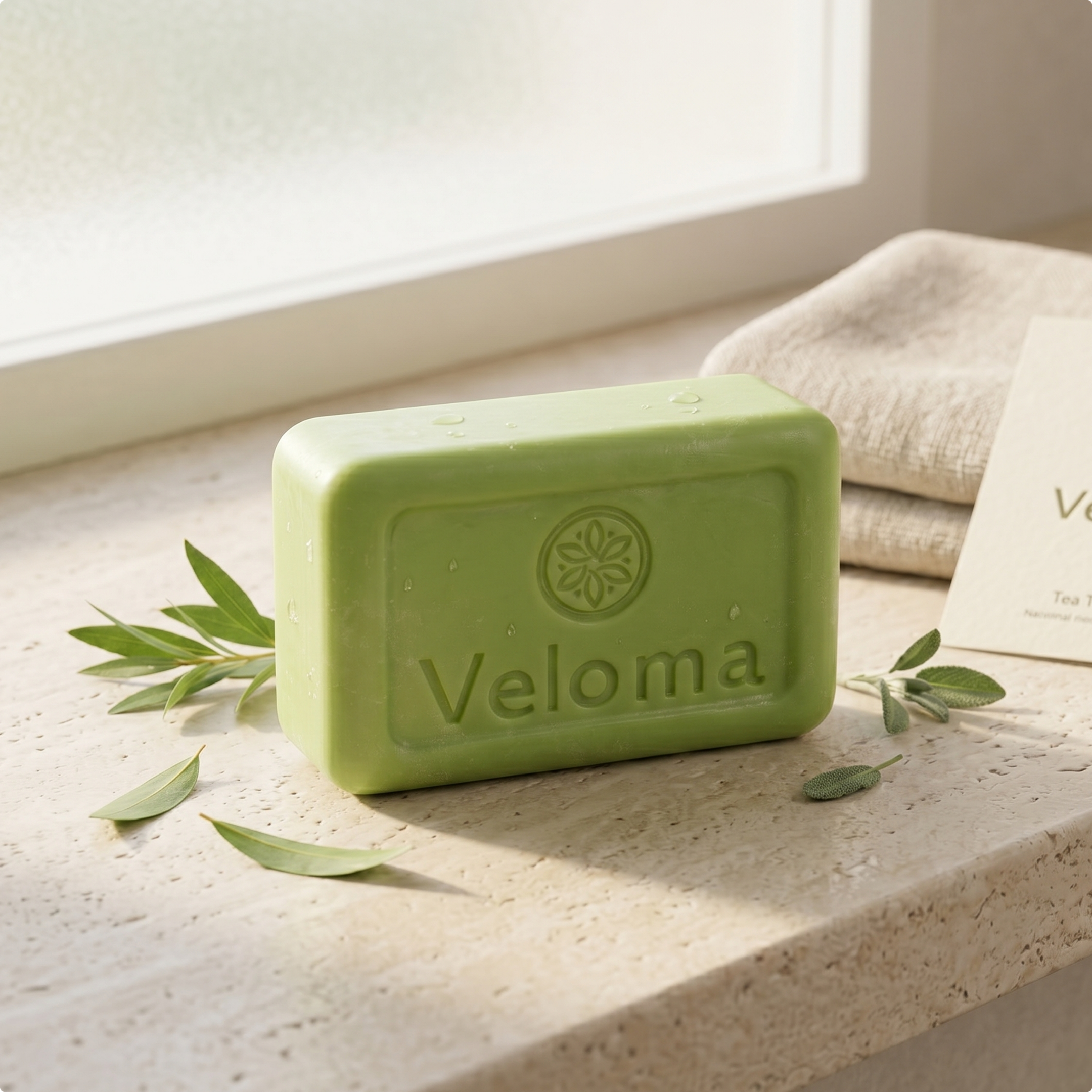 A bar of green Veloma soap sits on a stone ledge with scattered fresh leaves.
