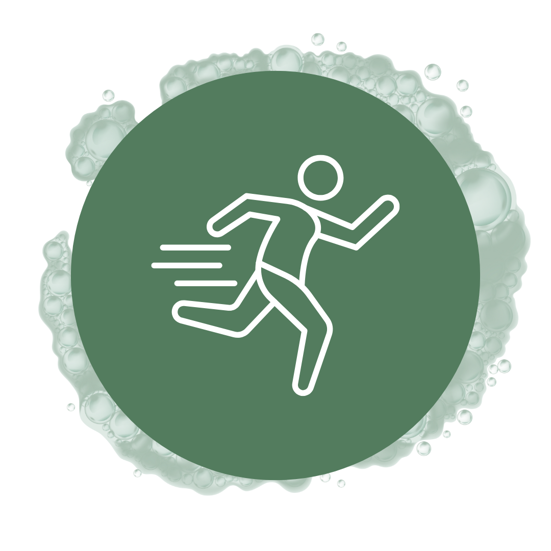 Icon of a running figure on a green circular background.