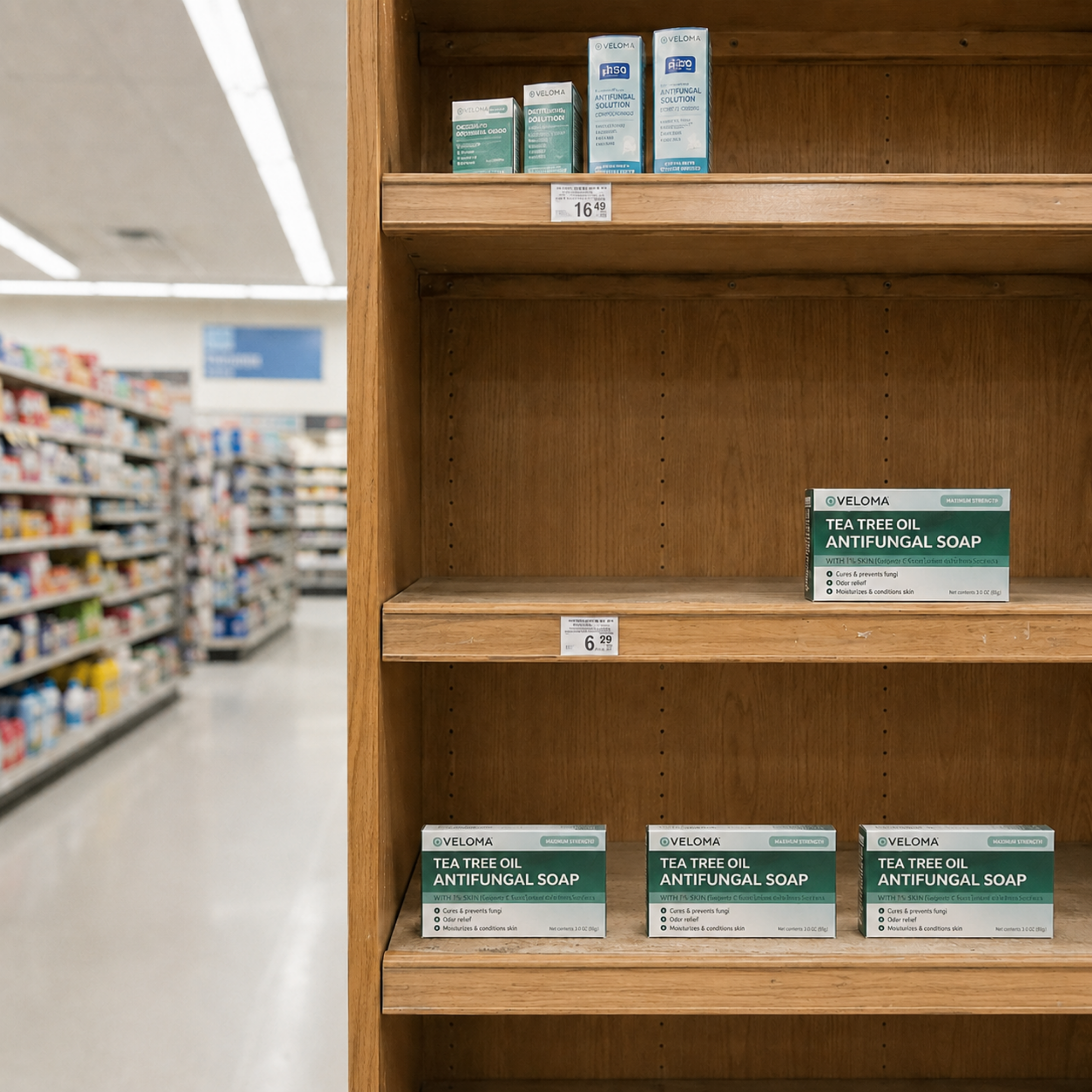 Boxes of antifungal soap and solution sit on mostly empty wooden shelves in a store aisle.