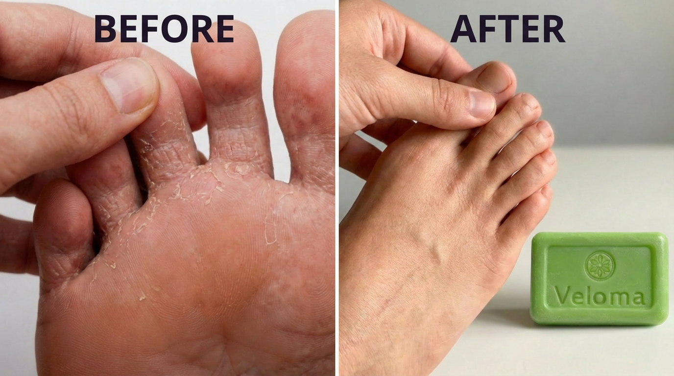 A before and after comparison of a foot with peeling skin and the same foot with smooth skin.